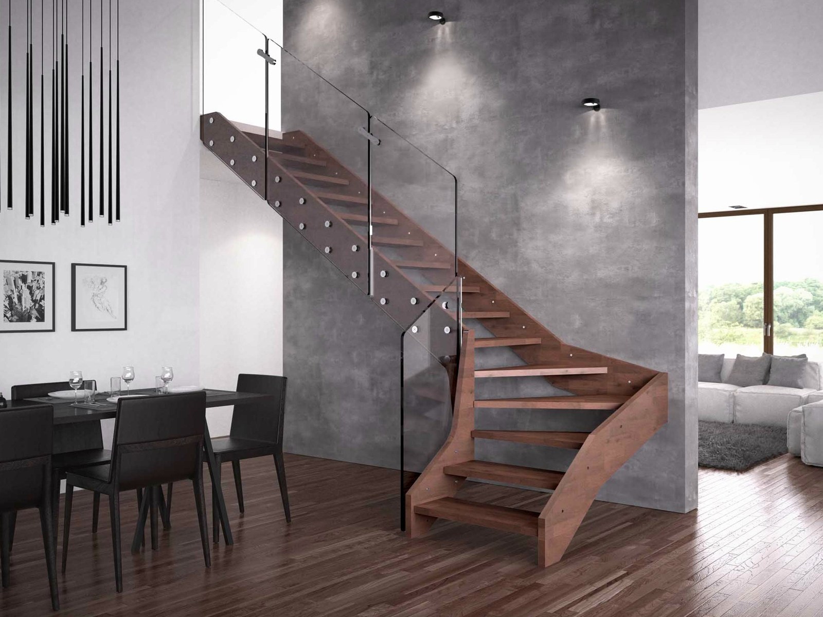 Contemporary Open Wooden Frame Staircases with Glass Railing by Rintal