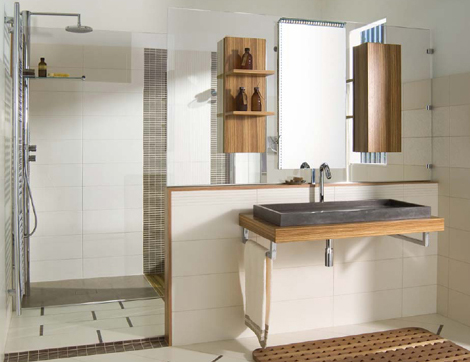 Emme Design Walk-in bathroom is outlined in natural wood