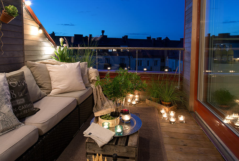 cozy apartment scandinavian balcony night modern decorated pure interiors patio nice terrace decor loft evening lights sofa