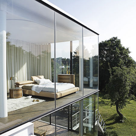 Wall Decor on Glass Windows Bedroom Interior With Roche Bobois Anarima Bed   Modern