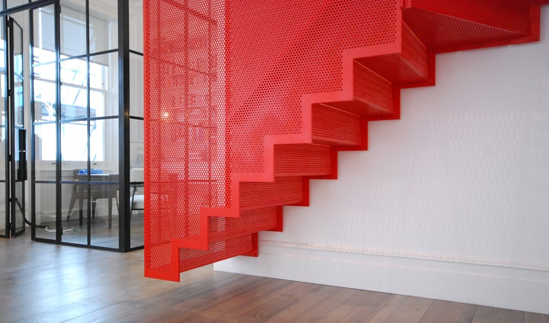 amazing bespoke red hot perforated steel suspended staircase diapo 3 decisions