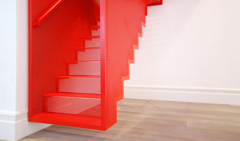 amazing bespoke red hot perforated steel suspended staircase diapo 4 material