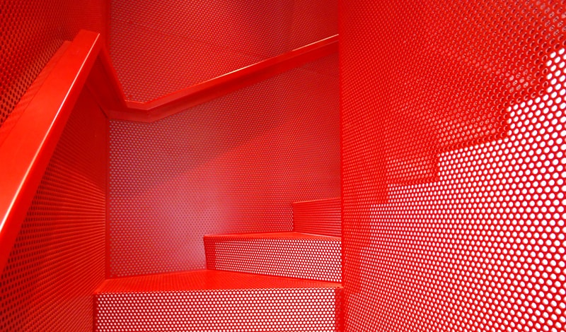 amazing bespoke red hot perforated steel suspended staircase diapo 5 treads