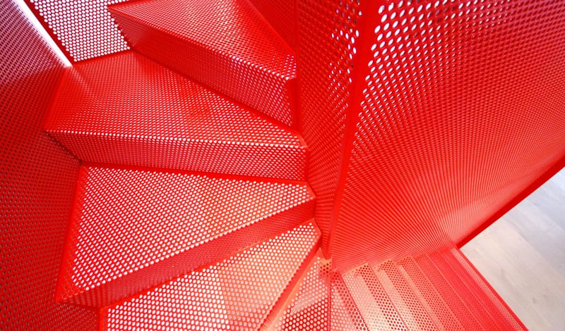 amazing bespoke red hot perforated steel suspended staircase diapo 7 colour