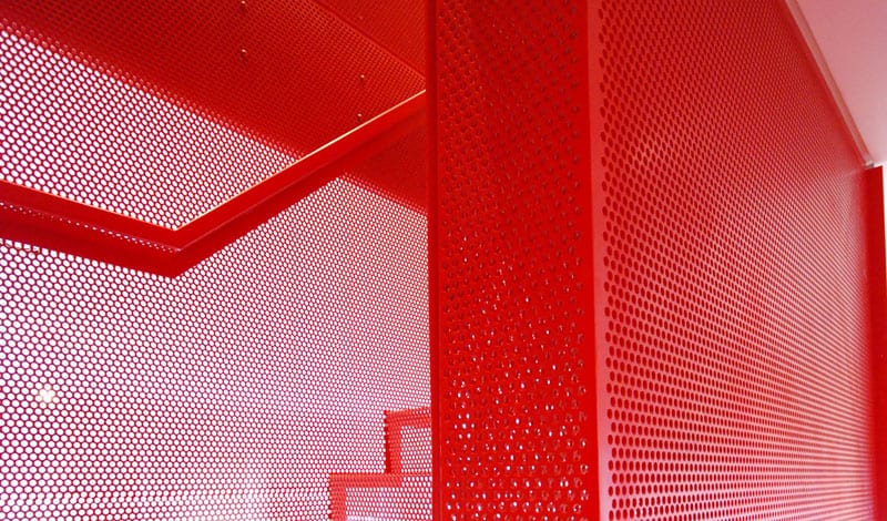 amazing bespoke red hot perforated steel suspended staircase diapo 8 mesh